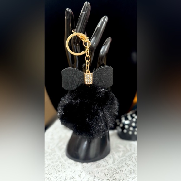 Accessories - Black Bow Pom Keychain with Gold Accents